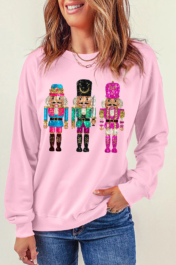 Christmas Soldier Sequin Loose Crew Neck Long Sleeve Sweatshirt