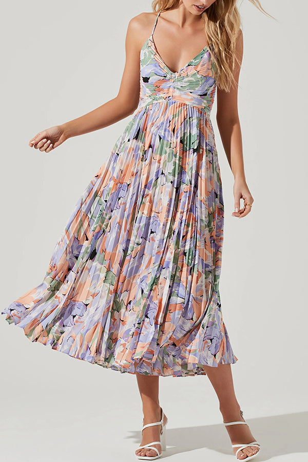 Wedding Party Season Floral Print Pleated Back Tie-up Midi Dress