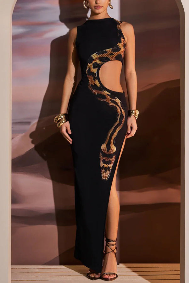 Wild Charm Snake Pattern Cut Out Detail Slit Stretch Maxi Dress