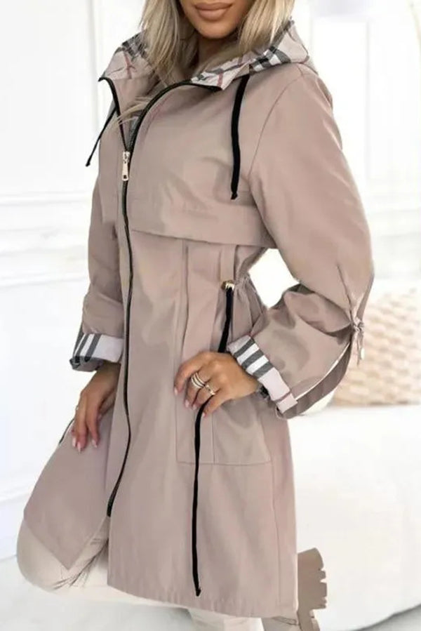 Fashionable Hooded Long-sleeved Zipper Plaid Casual Mid-length Jacket