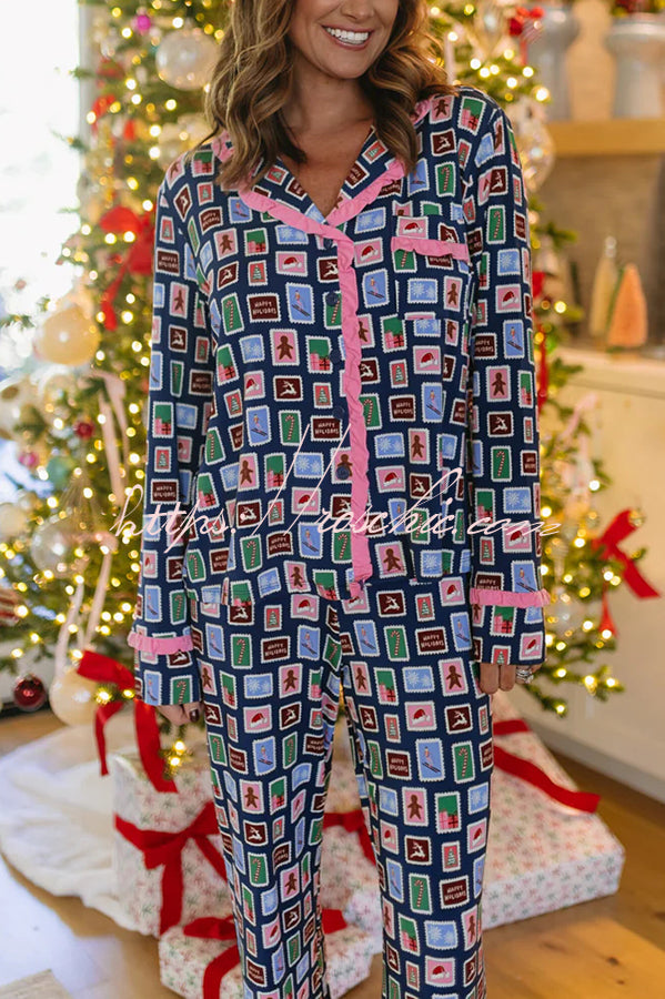 Postcards To Santa Unique Print Ruffles Trim Pocket Shirt and Elastic Waist Pajama Set