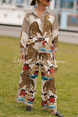 Exotic Leopard Flower Patchwork Print Elastic Waist Pocket Wide Leg Pants