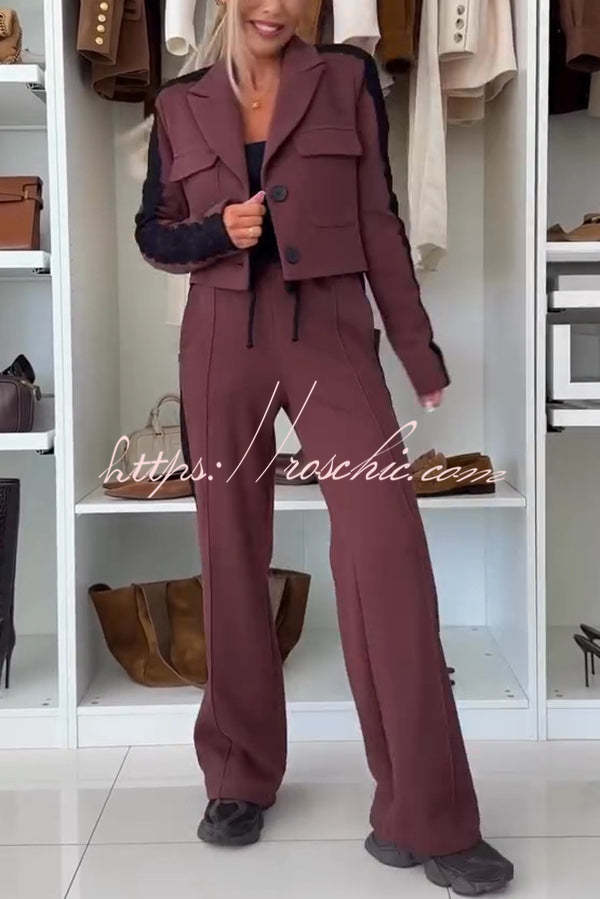 Fashion Lace Panel Long-sleeved Crop Top and Elastic Waist Tie Pocket Casual Pants Set