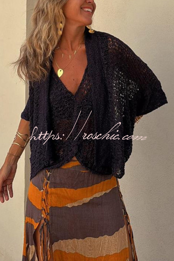 Fashionable Vacation Knit Hollow Bat Sleeve Loose Cardigan