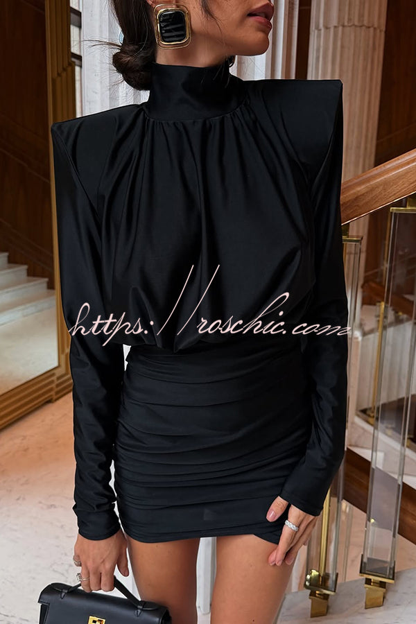 Stylish High-Neck Long-Sleeved Slim-Fit Pleated Mini Dress