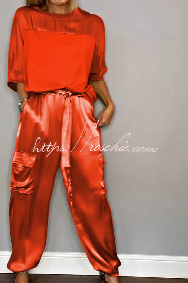 Calissa Smooth Satin Half-sleeved Top and Elastic Waist Pocket Pants Set