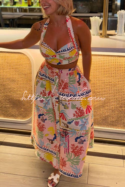 Multicolor Printed Sexy V Neck Halter Top and Midi Button-down Skirt Set