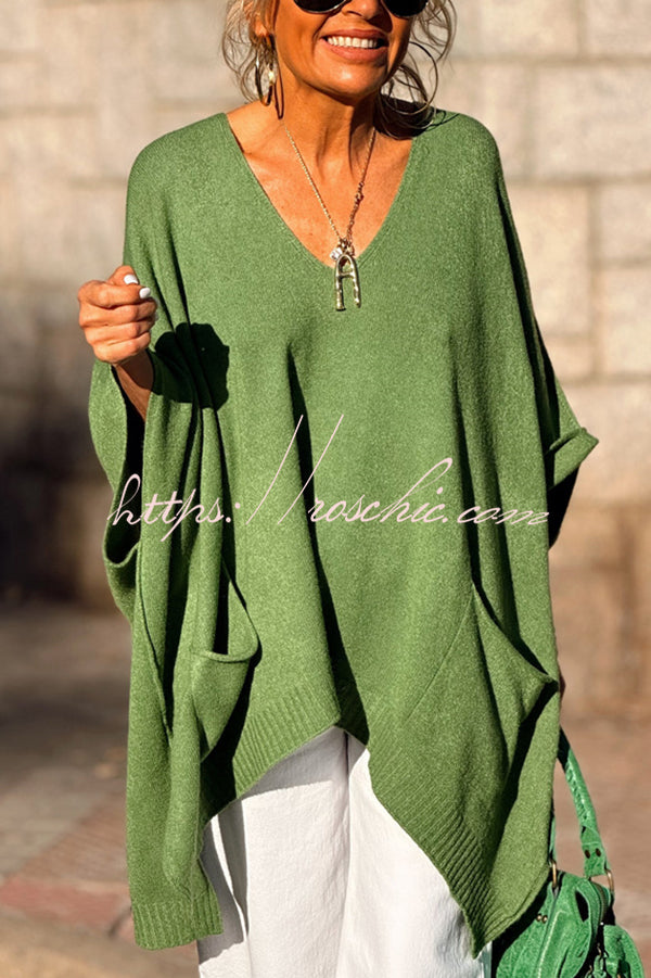 Fashion V-neck Loose Pocket Mid-length Knitted Sweater
