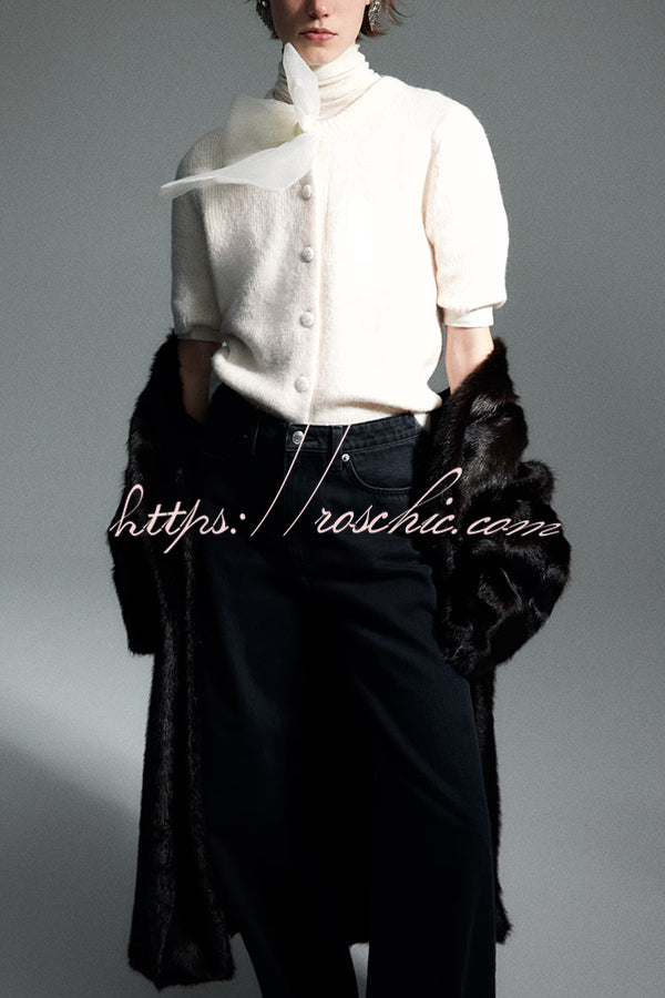 Cozy Sweet Darling Knit Sheer Organza Bow Neck Short Puff Sleeve Button Cardigan