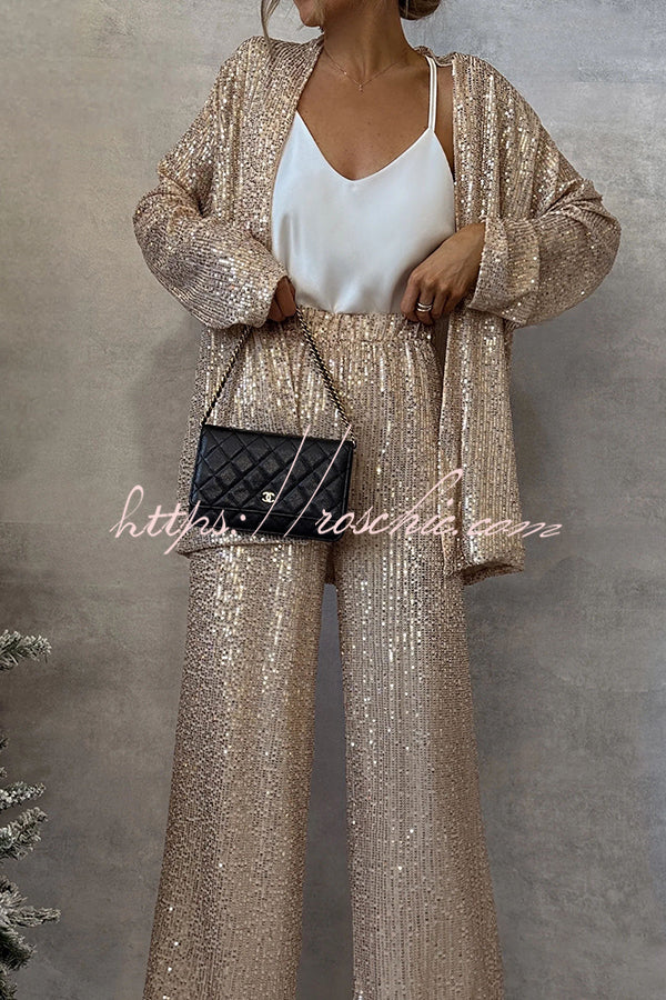 Party Scene Sequin Open Front Long Sleeve Drape Coat