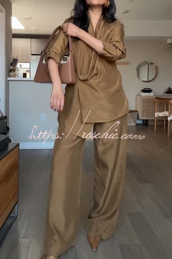Bella Satin Drape Collar Single Button Casual Blazer and Elastic Waist Pocket Loose Pants Set
