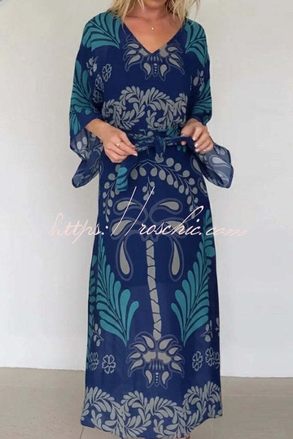 Bohemian Style Unique Printed Chiffon Loose-fitting Belted Maxi Dress, Blue / XL