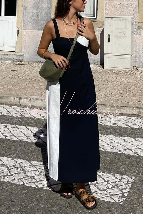 Simple and Stylish Contrast Color Sling Back Smocked Maxi Dress