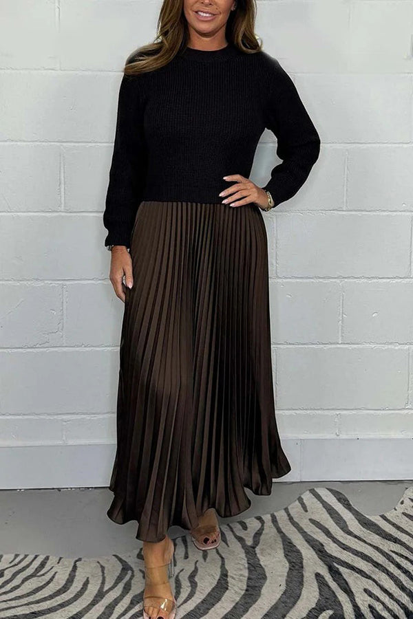 Stylish Knitted Round Neck Long Sleeve Patchwork Pleated Hem Maxi Dre   roschic