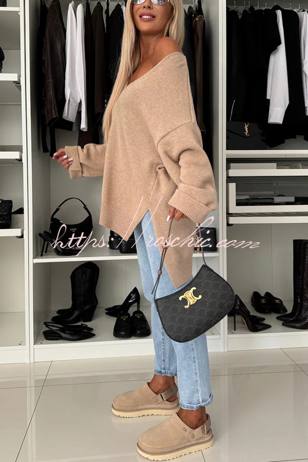 Cold Weather Knit Solid Color Long Sleeve V-neck Irregular Relaxed Sweater