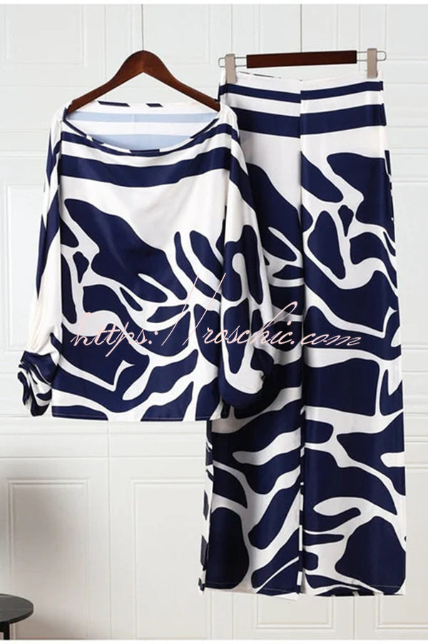 Coco Satin Unique Print Off Shoulder Dolman Sleeve Top and Loose Wide Leg Pants Set