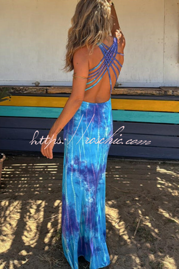 La Bamba Tie-dye Print Back Lace-up Stretch Maxi Dress