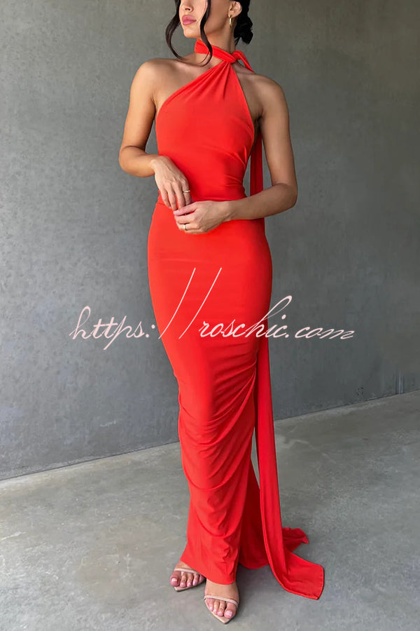 Sexy Backless Pleated Slim Solid Color Sleeveless Elegant Maxi Dress