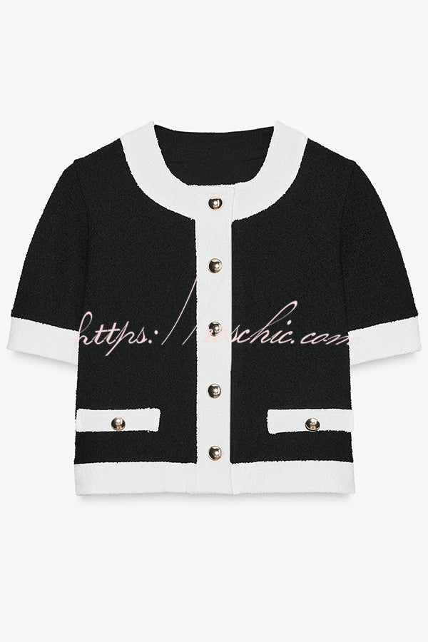 Fashionable Contrast Color Knitted Short-sleeved Button-down Top
