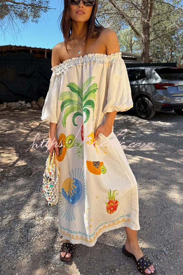 Sunveil Linen Blend Unique Print Puff Sleeve Pocket Strapless Maxi Dress