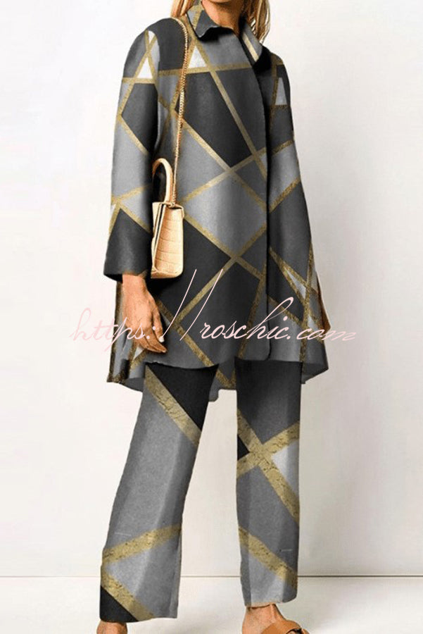 Geometric Print Lapel Long Sleeved Top and Pants Two Piece Set