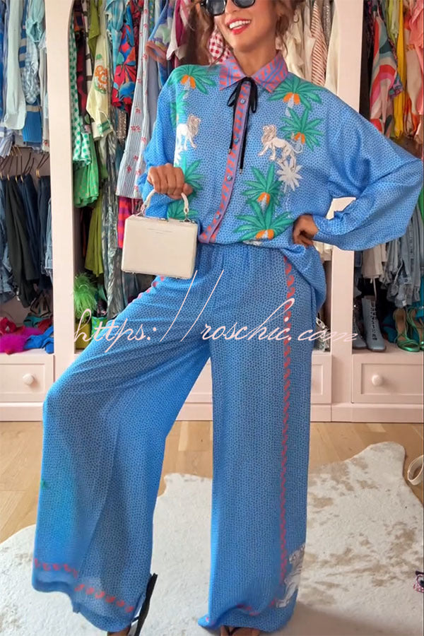 Sunday Breeze Satin Unique Print Button Down Oversized Blouse