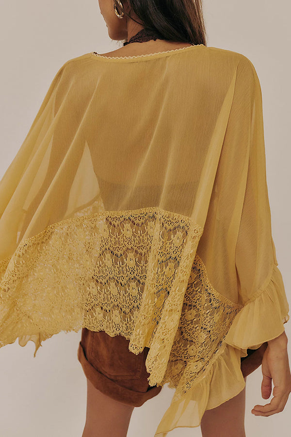 Fashionable Patchwork Lace Batwing Sleeve Loose Beach Cover Up