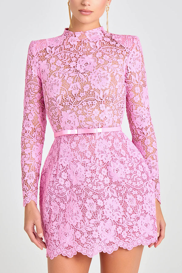 Champagne Toast Flower Lace Long Sleeve Bow Belted Mini Dress roschic Champagne Toast Flower Lace Long Sleeve Bow Belted Mini Dress roschic