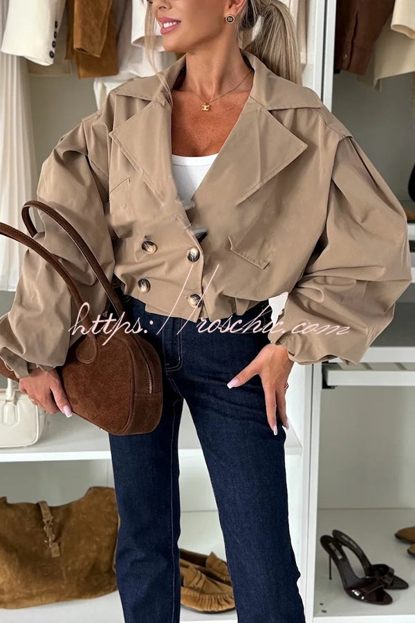 Fashion Style Button Long Balloon Sleeve Pocket Lapel Casual Bomber Jacket (Shipped Within 24 Hours)