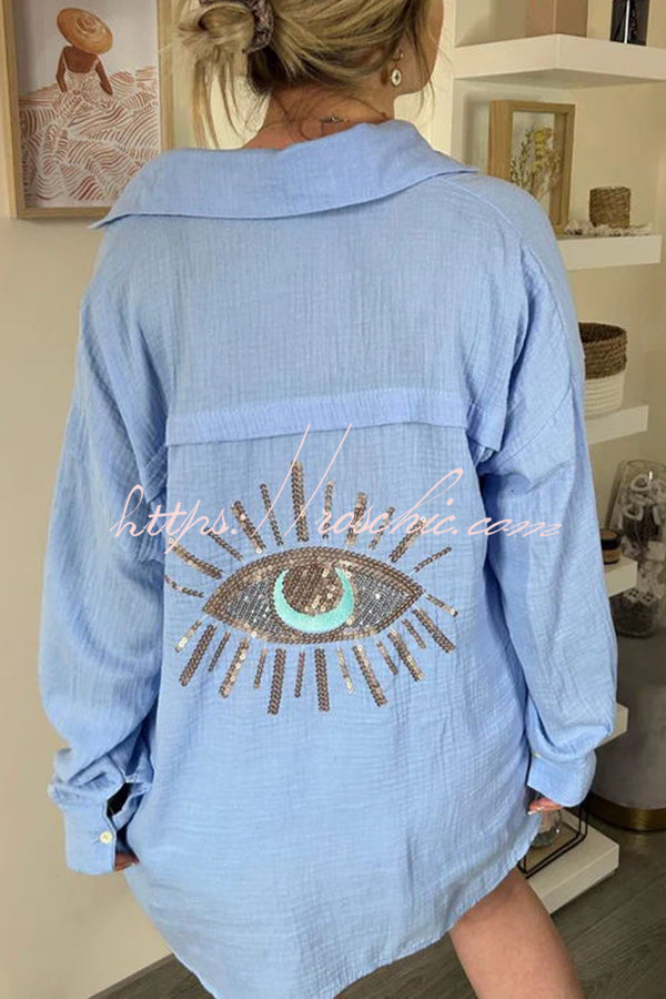 Summer Breeze Linen Blend Sequin Magic Eye Desig Oversized Relax Shirt