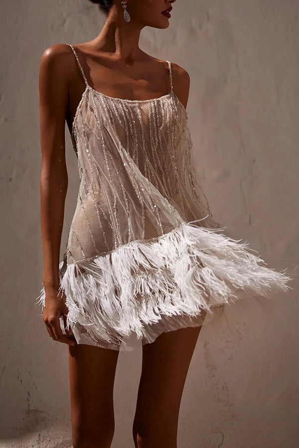 sequined feather casual mini suspender evening dress Holiday Dresses for Women Women Suspender Evening Dress Double Deep V Sexy Sling Dress Tassel Feather Sequins Feather Dress Fashion Elegant Solid Dress(Red,3X-Large): Clothing, Shoes & Jewelry