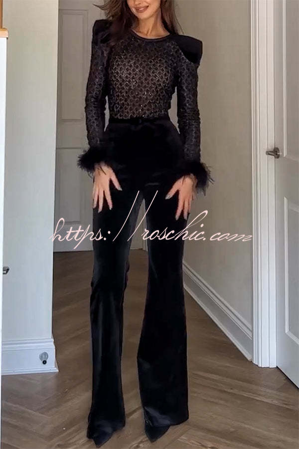 Monique Fish Scale Lace Sequin Velvet Patchwork Feather Trim Stretch Flare Jumpsuit