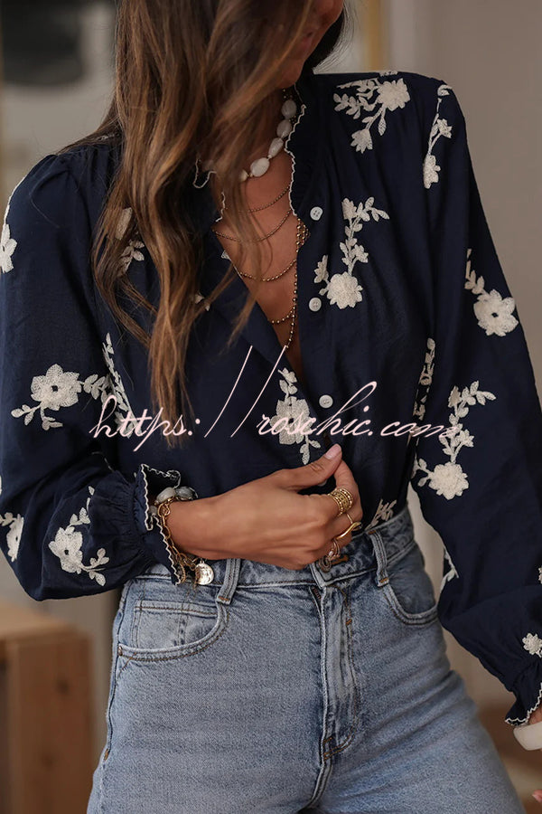 Floral Embroidery Long-Sleeved Button-Up Elegant Shirt