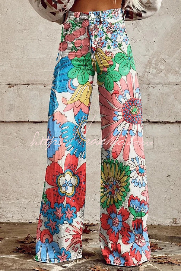 Beautiful Unique Print Button Pocket Wide Leg Pants