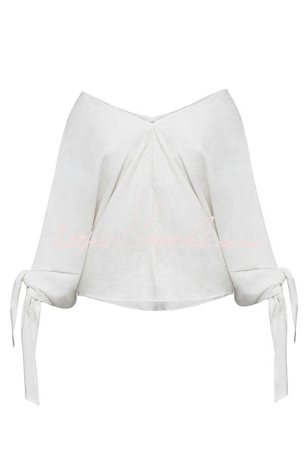 Joyful Bond Linen Blend V-neck Knotted Cuff Half Sleeve Loose Top