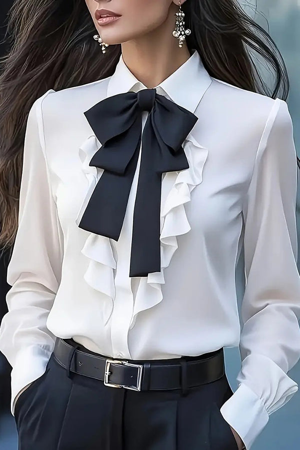 Fashion Ruffled Bow Tie Casual Long-sleeved Shirt