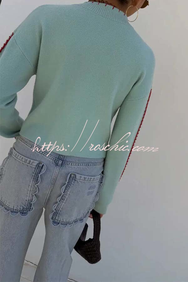 Coastal Fashion Knit Octopus Graphic Contrast Piping Button Up Loose Cardigan