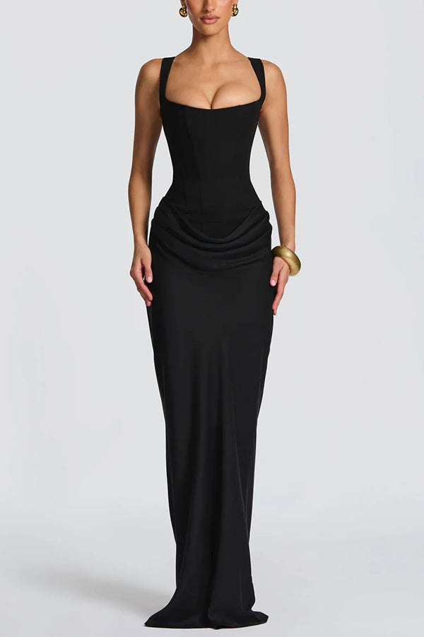 Larrah Square Neck Back Lace-up Satin Drape Hem Maxi Dress, Black / M Larrah Square Neck Back Lace-up Satin Drape Hem Maxi Dress, Black / M