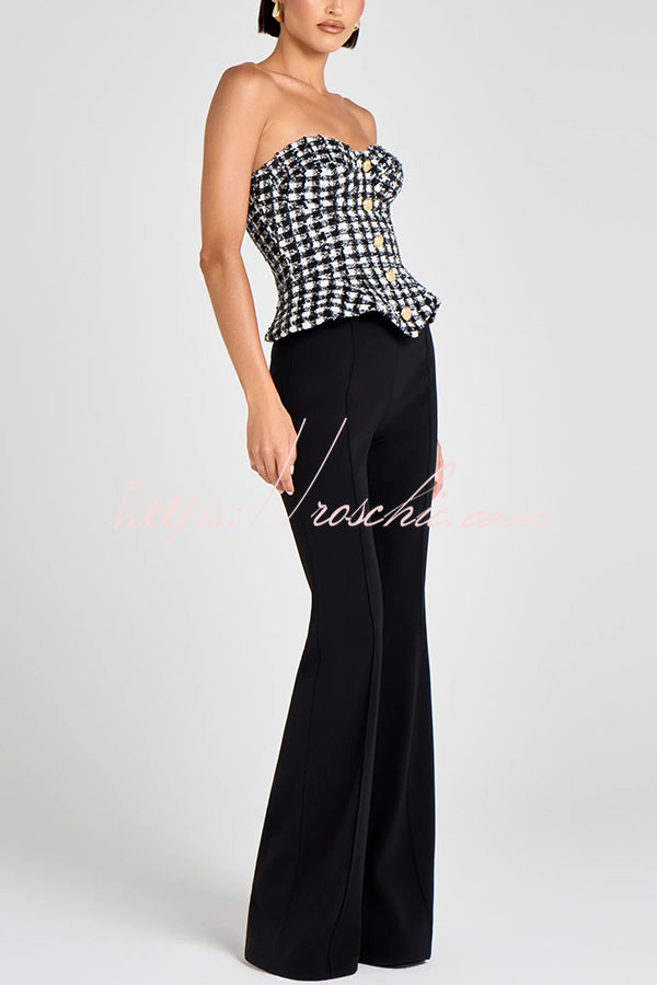 Maya Check Bouclé-tweed Fabric Sweetheart Neck Gold Button Strapless Tank