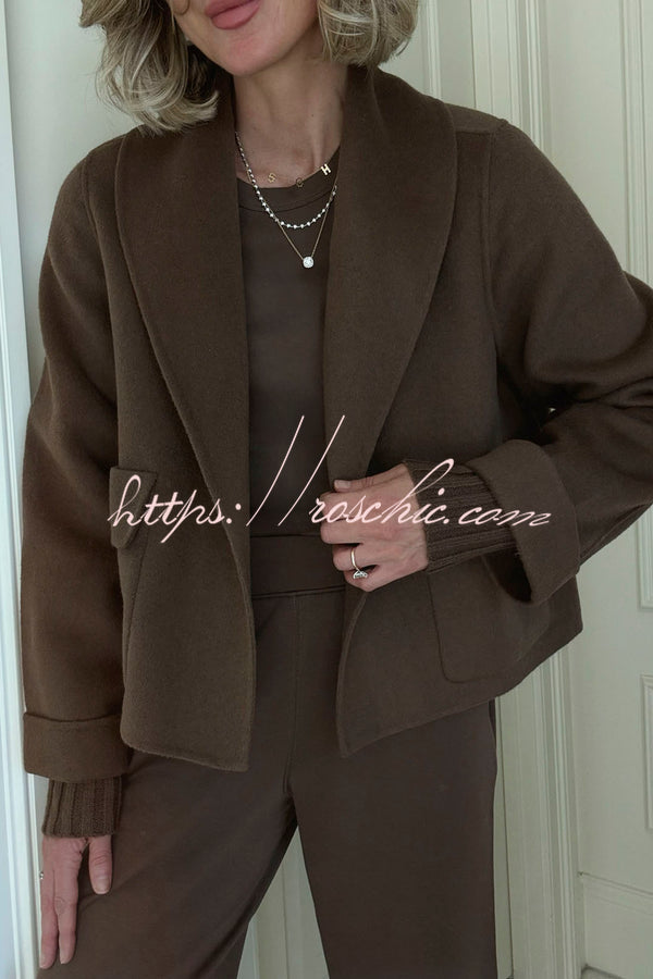 Comfortable Season Shawl Collar Open-front Long Sleeve Flap Pockets Crop Coat