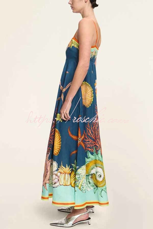 Linen Blend Unique Print Suspenders Back Pleated Pocket Resort Style Maxi Dress