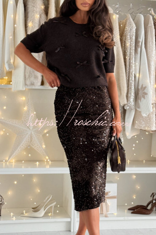 Light The Night Velvet Sequin High Rise Elastic Waist Pencil Slit Midi Skirt