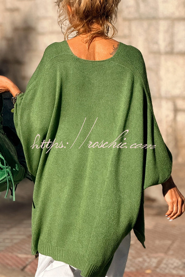 Fashion V-neck Loose Pocket Mid-length Knitted Sweater