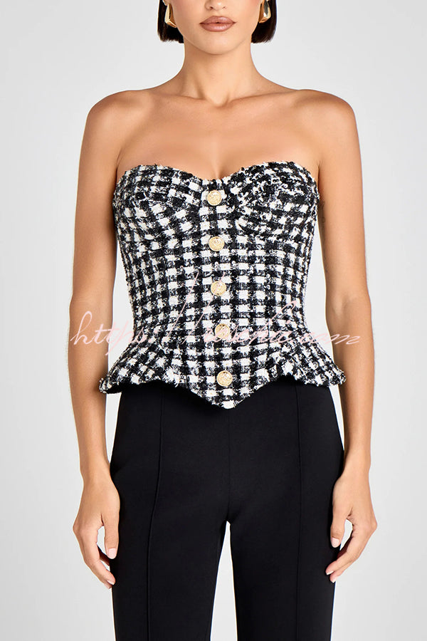 Maya Check Bouclé-tweed Fabric Sweetheart Neck Gold Button Strapless Tank