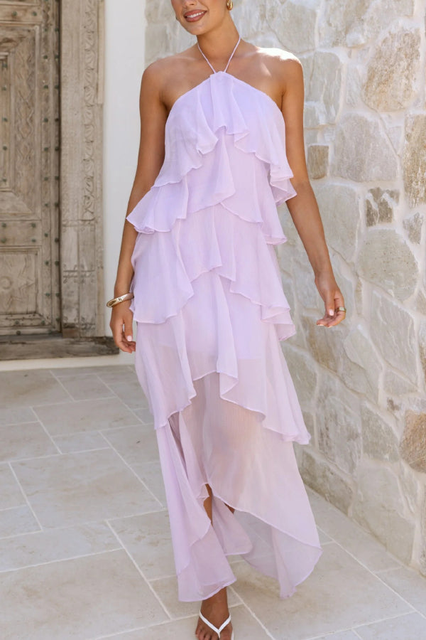 Solid Color Chiffon Halter Neck Elegant Ruffle Maxi Dress, Purple / XL Solid Color Chiffon Halter Neck Elegant Ruffle Maxi Dress, Purple / XL