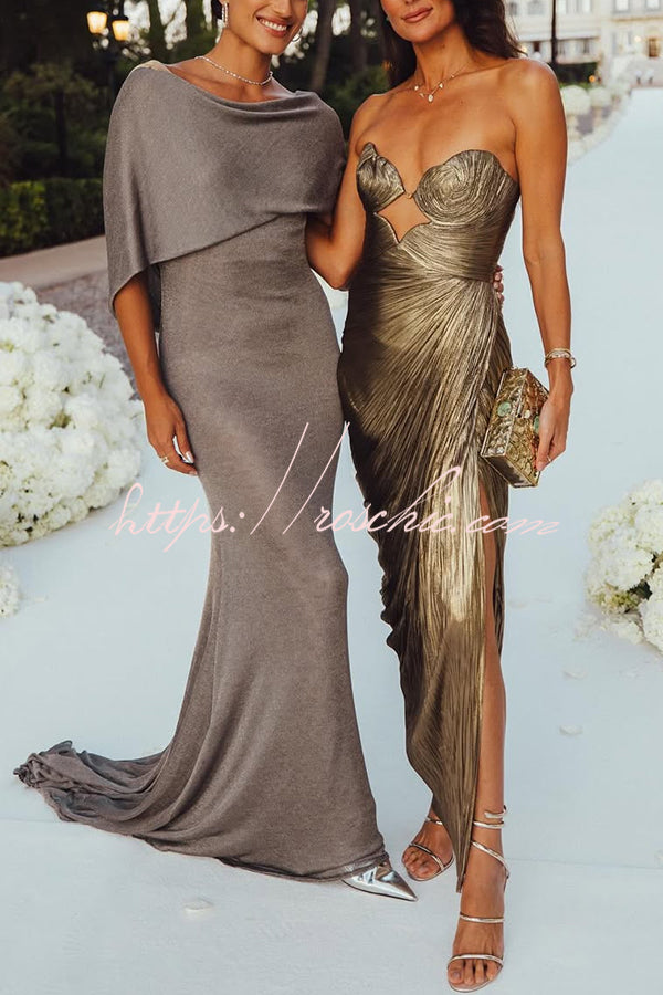 Amisha Metallic Pleated Shell Cups Hollow Gold Pendant Strapless Drape Slit Maxi Dress