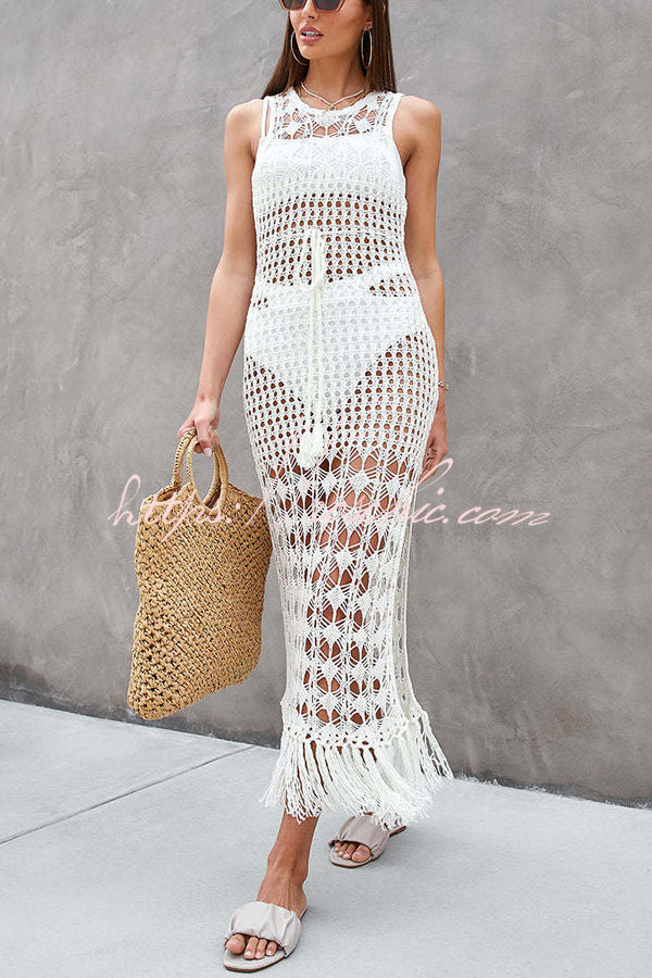 Sunset Cocktail Knit Crochet Tassel Trim Cover-up Maxi Dress