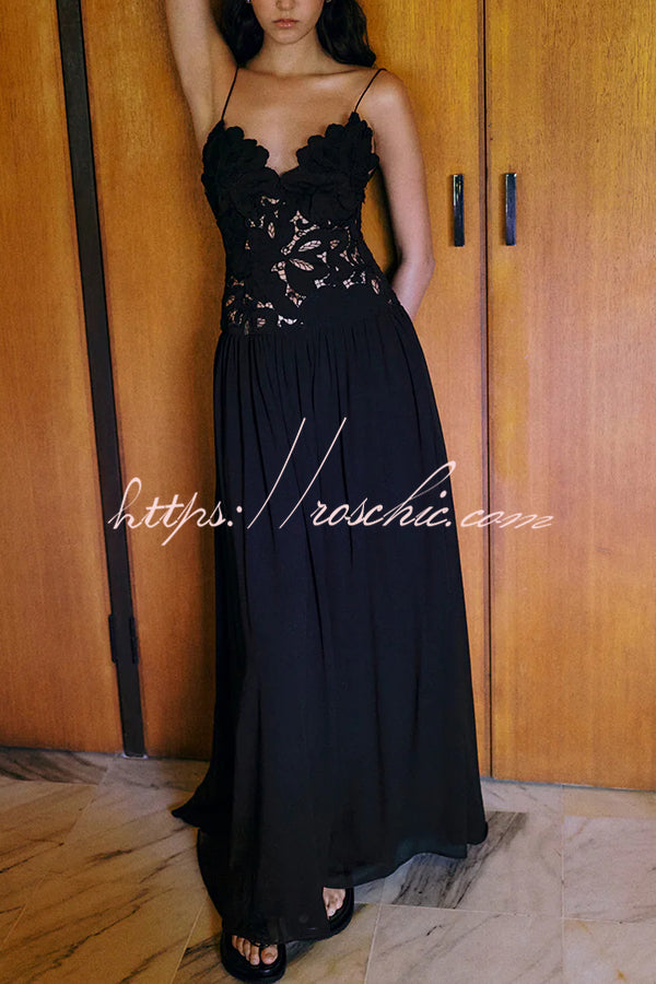 Stephanie Flower Crochet Lace Bust Chiffon Fluffy Hem Maxi Dress