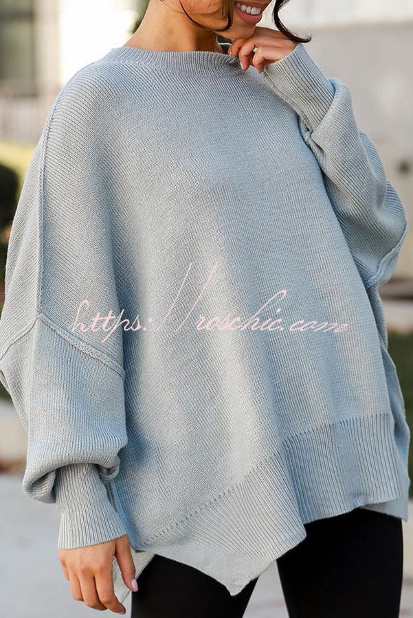 Distressed Knit Side Slit Long Sleeve Pullover Sweater