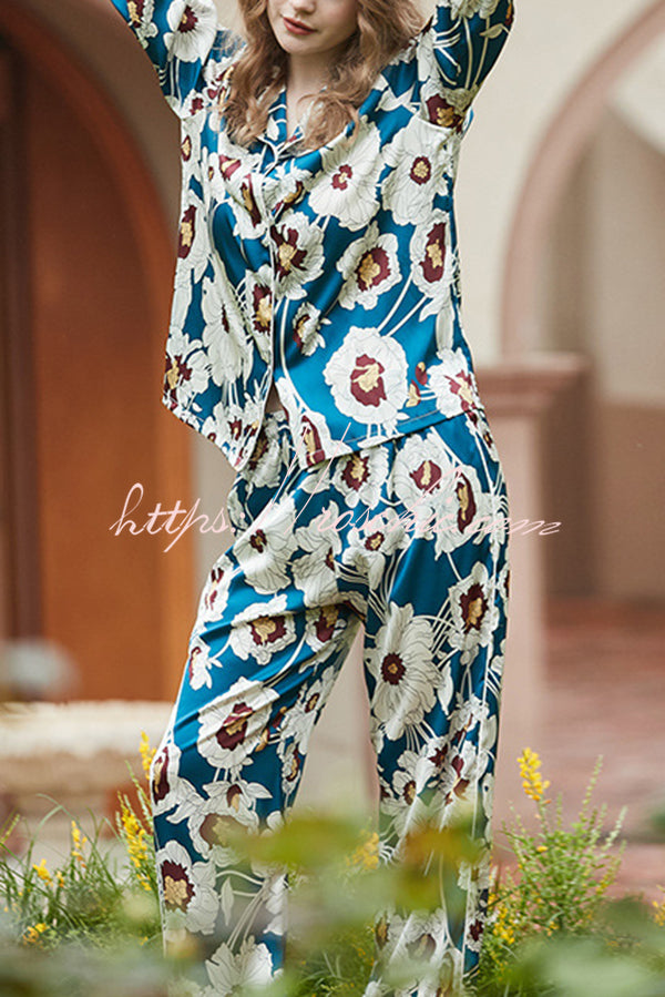 Blue and White Flower Print Home Long-sleeved Two-piece Set